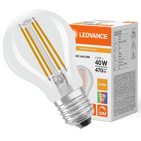 Żarówka LED A60 E27 4.2W = 40W 470lm 2700K Ciepła Biała FILAMENT ŚCIEMNIALNA LEDVANCE