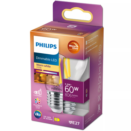 Żarówka LED E27 Kulka P45 5.9W = 60W 806lm 2200-2700K Ciepła CRI90 FILAMENT Ściemnialna WarmGlow Philips
