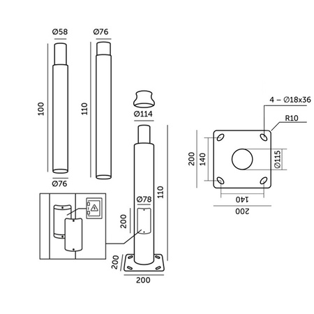 Słup Maszt Oświetleniowy Składany do Lamp Ulicznych Latarni z Oknem Rewizyjnym 3m fi60 Szary KOBI
