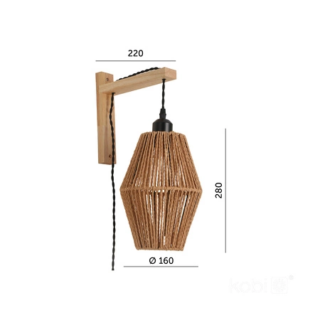 Kinkiet Ścienny Lampa Drewniana Sznur E27 Brązowy Boho Sibu Wall Kobi