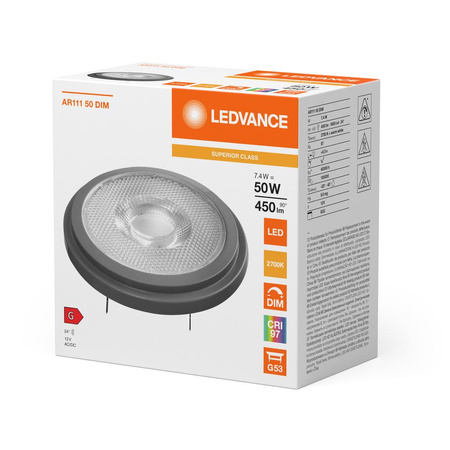 Żarówka LED G53 Reflektor AR111 7.4W = 50W 450lm 2700K Ciepła 24° CRI97 12V Ściemnialna Ledvance