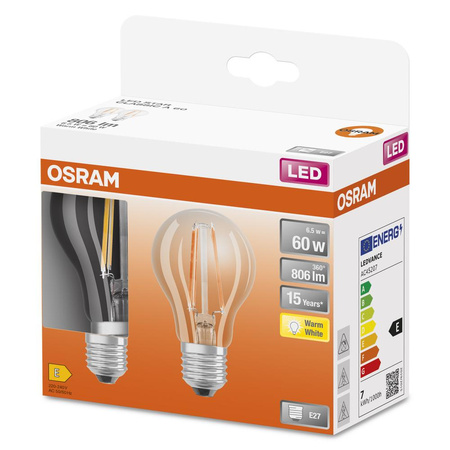 2x Żarówka LED A60 E27 6.5W = 60W 806lm 2700K Ciepła 300° Retrofit Filament CLASSIC Osram