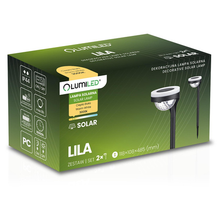 2x Lampa Solarna Ogrodowa LED LILA Wbijana Zewnętrzna Dekoracyjna 3000K LUMILED