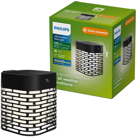 Kinkiet Ogrodowy Lampa Zewnętrzna Elewacyjna Solarny 3.8W 400lm 2700K Ciepła IP44 Czarna z Czujnikiem Ruchu Hara Philips