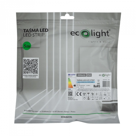 Taśma LED Pasek SMD 2835 10.8W/m 500lm/m 60LED/m 24V 6500K Zimna IP63 Rolka 5m Ecolight