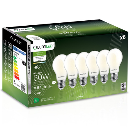 6x Żarówka LED E27 A60 4W = 60W 840lm 4000K Neutralna 360° FILAMENT LUMILED