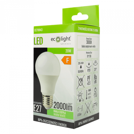 Żarówka LED A60 E27 20W 1800lm 3000K Ciepła Ecolight