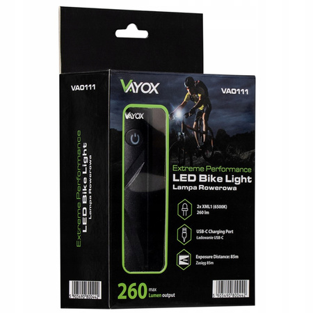 Latarka Lampka Przednia Rowerowa LED USB-C Uchwyt 5 Trybów 260lm IPX6 VAYOX