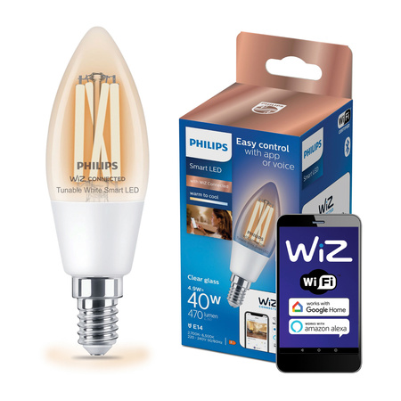 Żarówka LED E14 C35 4,9W = 40W 2700-6500K FILAMENT SMART WiFi Philips WiZ