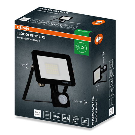 Naświetlacz LED Halogen Zewnętrzny Reflektor 20W 4000K 1800lm IP65 z Czujnikiem Ruchu i Zmierzchu SENSOR FLOODLIGHT LUX OSRAM