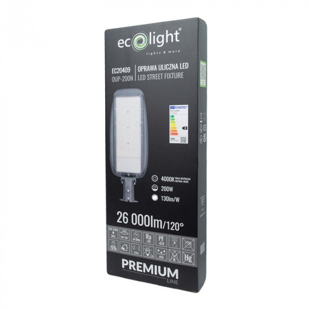 Lampa Uliczna Drogowa LED 200W 26000lm 4000K Neutralna IP65 130lm/W PREMIUM Ecolight