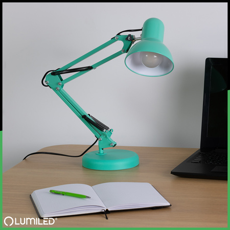 Lampka Biurkowa Kreślarska Stołowa E27 TOBI Miętowa Lumiled + uchwyt na blat