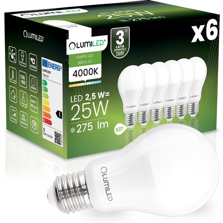6x Żarówka LED E27 A60 2,5W = 25W 275lm 4000K Neutralna 260° LUMILED