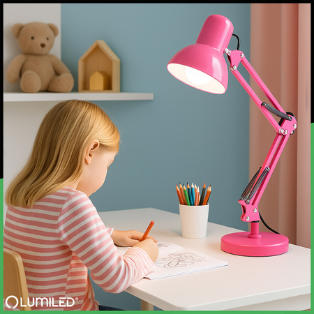 Lampka Biurkowa Kreślarska Stołowa E27 TOBI Różowa Lumiled + uchwyt na blat