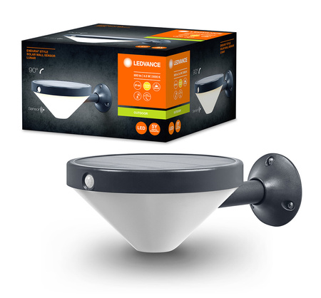 Lampa Solarna Ogrodowa Zewnętrzna Kinkiet Elewacyjny LED  4.5W 300lm 3000K IP44 Czarny Z Czujnikiem Ruchu i Zmierzchu Endura Ledvance