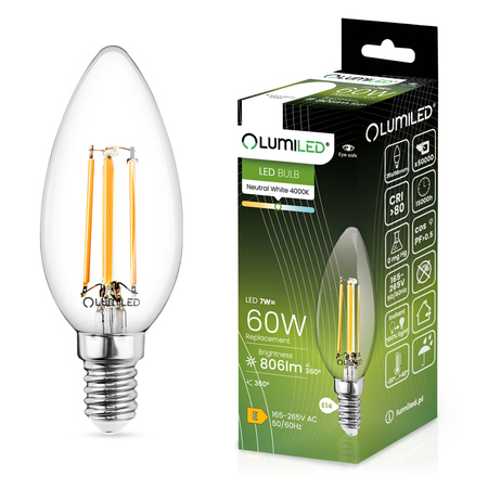 Zestaw 6x Żarówka LED ŚWIECA B35 E14 7W = 60W 806lm 4000K Neutralna 360° Filament LUMILED