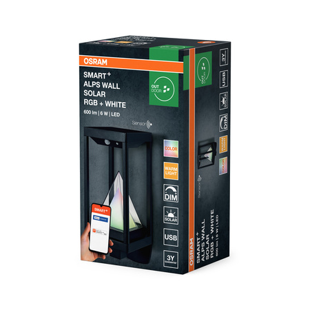 Kinkiet Ogrodowy Lampa Elewacyjna Zewnętrzna LED z Czujnikiem Ruchu i Zmierzchu 6W 400lm 3000K Ciepła RGB Ściemnialna Czarny IP44 Osram SMART+ BT