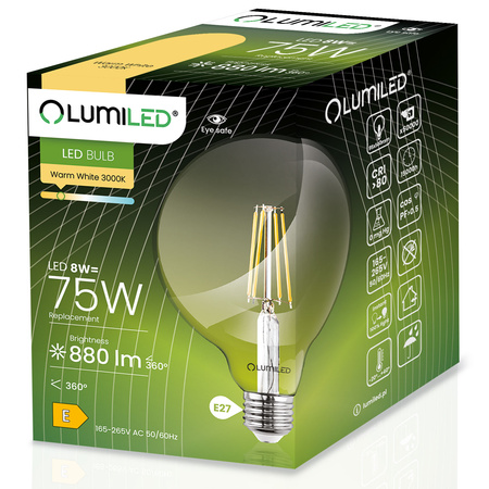 3x Żarówka LED E27 Kula G95 8W = 75W 880lm 3000K Ciepła 360° FILAMENT LUMILED