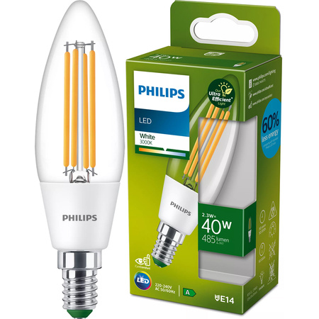 Żarówka LED E14 Świeczka B35 2.3W = 40W 485lm 210lm/W 3000K Ciepła 300° KLASA A UltraEfficient Philips