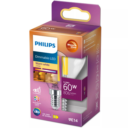 Żarówka LED E14 Kulka P45 5.9W = 60W 806lm 2200-2700K Ciepła CRI90 FILAMENT Ściemnialna WarmGlow Philips