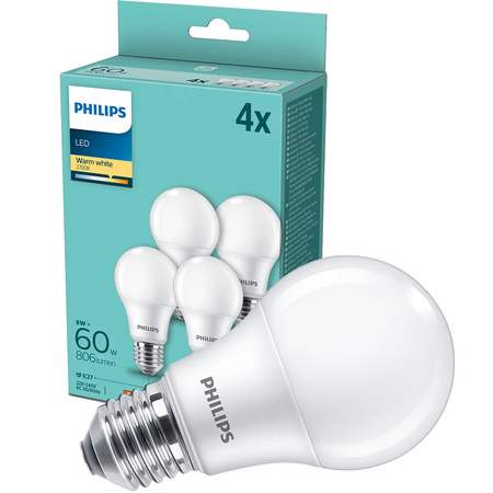 4PAK Żarówka LED E27 A60 8W = 60W 806lm 2700K Ciepła PHILIPS