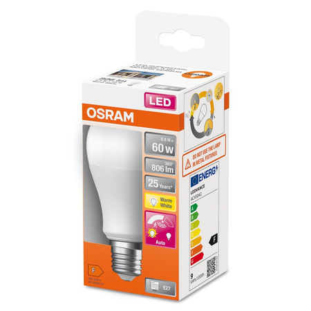 Żarówka LED A60 E27 8.8W = 60W 806lm 2700K Ciepła 200° z Czujnikiem Ruchu i Zmierzchu CLASSIC Osram