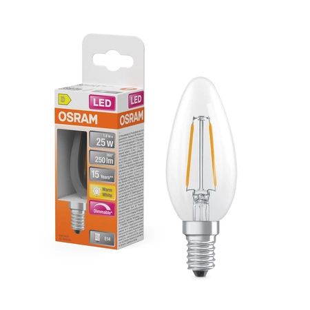 Żarówka LED B35 E14 Świeczka 1.8W = 25W 250lm 2700K Ciepła 320° Filament Ściemnialna SUPERSTAR Osram