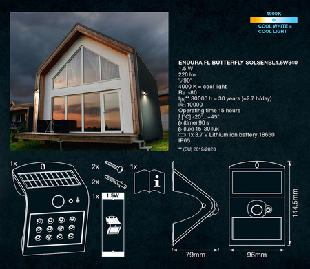 Lampa Solarna Ogrodowa Zewnętrzna Kinkiet Elewacyjny LED 1.5W 220lm 4000K IP65 Czarny Z Czujnikiem Ruchu i Zmierzchu Endura Ledvance