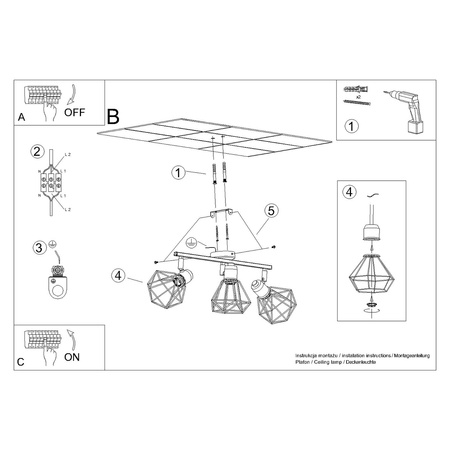 Lampa Sufitowa Listwa Oświetleniowa 3x E14 Żyrandol Geometryczna Geometryczna Czarna Nowoczesna Artemis Sollux