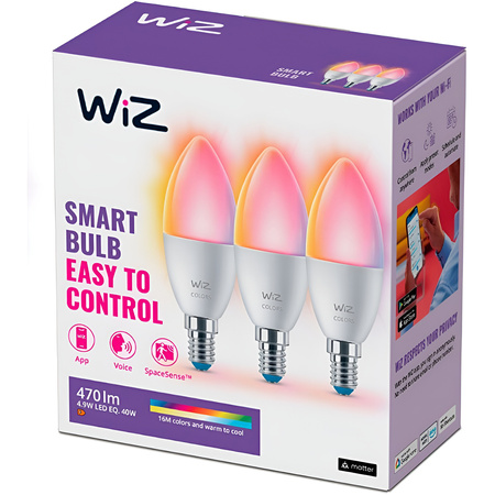 3x Żarówka LED E14 Świeczka C37 4.9W = 40W 470lm 2200-6500K RGB + TW Inteligentna SMART WiFi Bluetooth Aplikacja WiZ