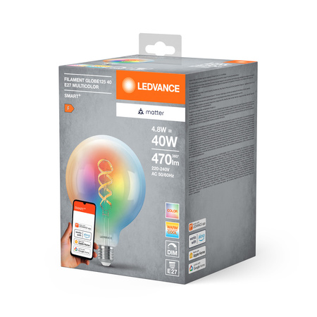 Żarówka LED E27 4.8W = 40W 470lm RGBW CCT Ściemnialna SMART+ WiFi Filament Globe Ledvance