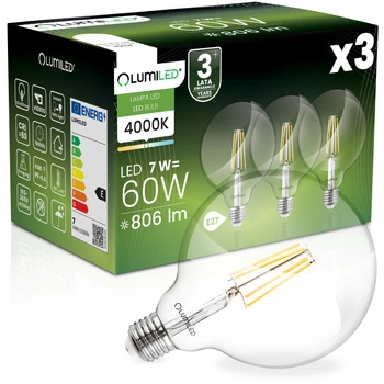 3x Żarówka LED E27 Kula G125 7W = 60W 806lm 4000K Neutralna 360° FILAMENT LUMILED