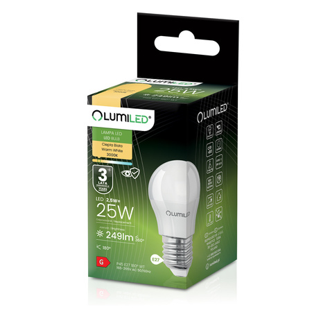 Żarówka LED E27 Kulka P45 2,5W = 25W 249lm 3000K Ciepła 180° LUMILED