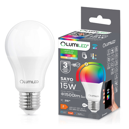 Żarówka LED E27 A65 15W = 100W 1500lm RGB CCT Ściemnialna Inteligentna TUYA WiFi SMART SAYO LUMILED