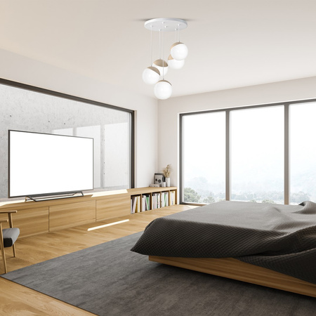 Lampa wisząca SFERA 5xE14 Białe Kule Drewniane Detale MLP5426 Milagro Metal + Drewno + Szkło