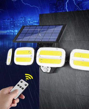 Naświetlacz solarny lampa 4x COB LED 20W 800lm Zimna czujnik ruchu IP65 + Pilot