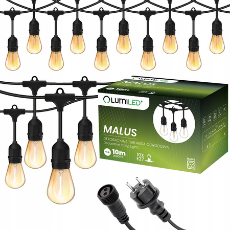 Girlanda Ogrodowa Zewnętrzna Łańcuch Świetlny 10m 10x E27 Żarówki 1,3W 2200K MALUS Lumiled