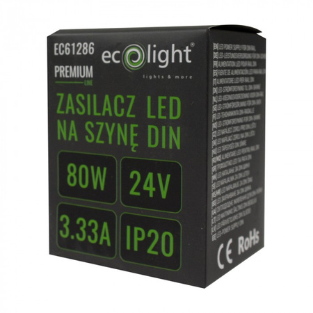 Zasilacz na Szynę DIN do Taśm LED 80W 24V 3.33A IP20 PREMIUM Ecolight