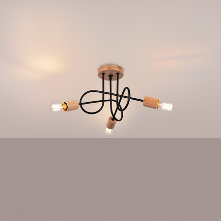 Lampa Sufitowa Żyrandol Pająk Wisząca 3x E27 Naturalne Drewno Czarna Ember Peach Puff SL.1477 Sollux