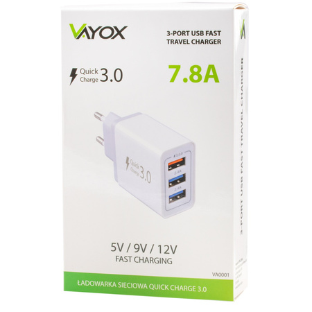 SZYBKA ŁADOWARKA SIECIOWA QUICK CHARGE 3.0 + 2x USB 2.4A VAYOX VA0001