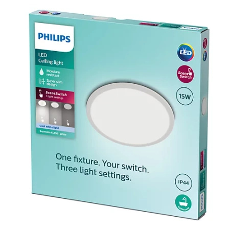 Lampa Sufitowa Plafon Łazienkowy LED 15W 1500lm 4000K SceneSwitch IP44 Biała Super Slim CL550 Bathroom Philips