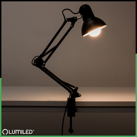 Lampka Biurkowa Kreślarska Stołowa E27 TOBI Czarna Lumiled + Uchwyt na Blat