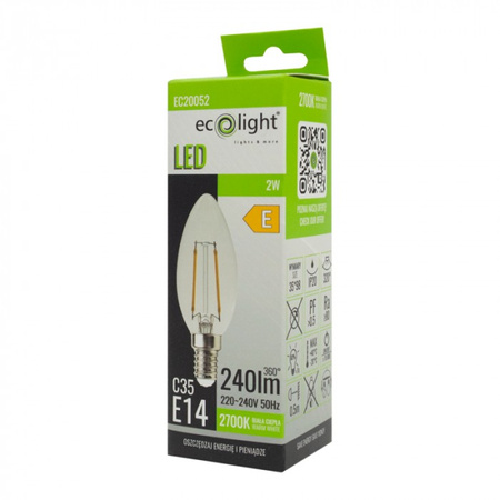 Żarówka LED Świeczka B35 E14 2W 240lm 2700K Ciepła FILAMENT Ecolight