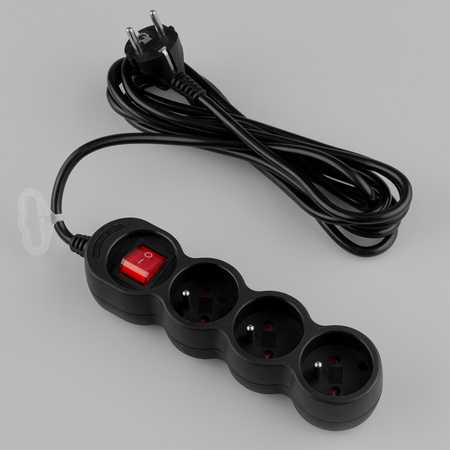Przedłużacz Sieciowy Kabel z Uziemieniem Listwa Zasilająca 3 Gniazda 3m Włącznik ON/OFF Czarny Sznur Lendo Lumiled