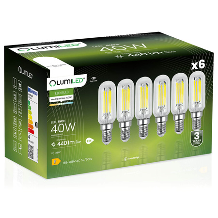 Zestaw 6x Żarówka LED LODÓWKA E14 T25 4W = 40W 440lm 4000K Neutralna Filament LUMILED