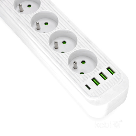 Przedłużacz CONNECTO 4x230V 5m 4GN Uziemienie Wyłącznik 4xUSB Biały Kobi