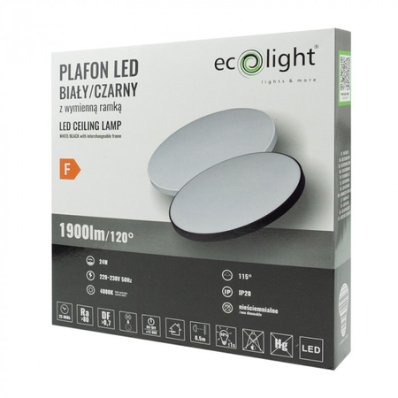 Plafon LED Lampa Sufitowa 24W 1900lm 4000K Neutralna z Wymienną Ramką Czarną lub Białą Ecolight