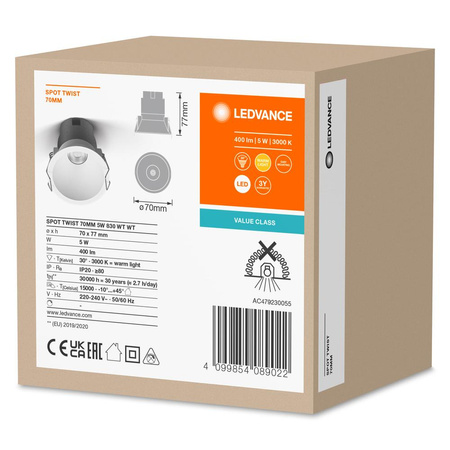 Panel LED Oprawa Podtynkowa Punktowa 5W 400lm Oczko Spot Biały Downlight Slim Ledvance