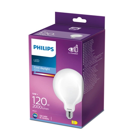 Żarówka LED E27 Kula G120 13W = 120W 2000lm 6500K Zimna FILAMENT LED Classic Philips