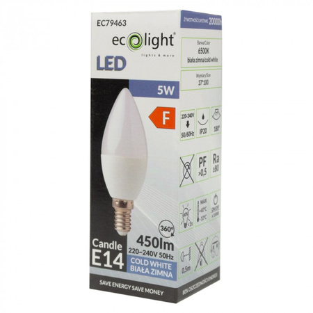 Żarówka LED Świeczka B37 E14 5W 450lm 6500K Zimna Ecolight